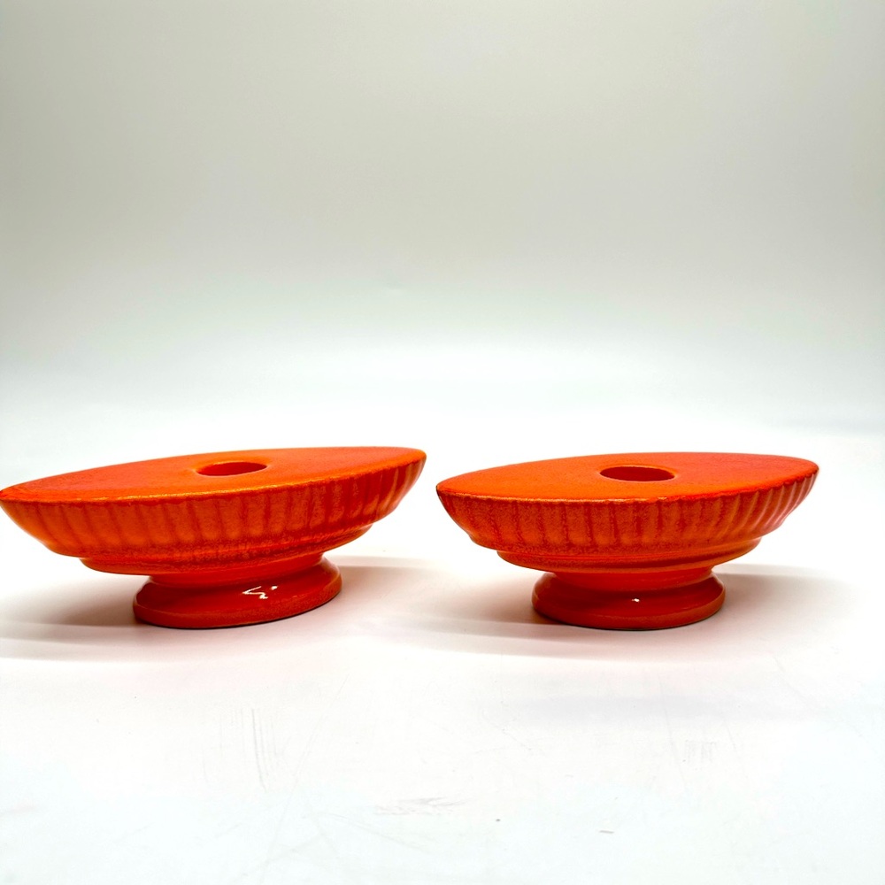 Rare Vintage Haeger orange glazed oval ceramic dish‎ & matching candlestick pair